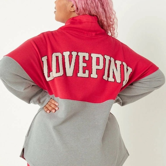 PINK Victoria's Secret Colorblock Oversized Red and Gray Cowl Neck Sweatshirt - Picture 1 of 5